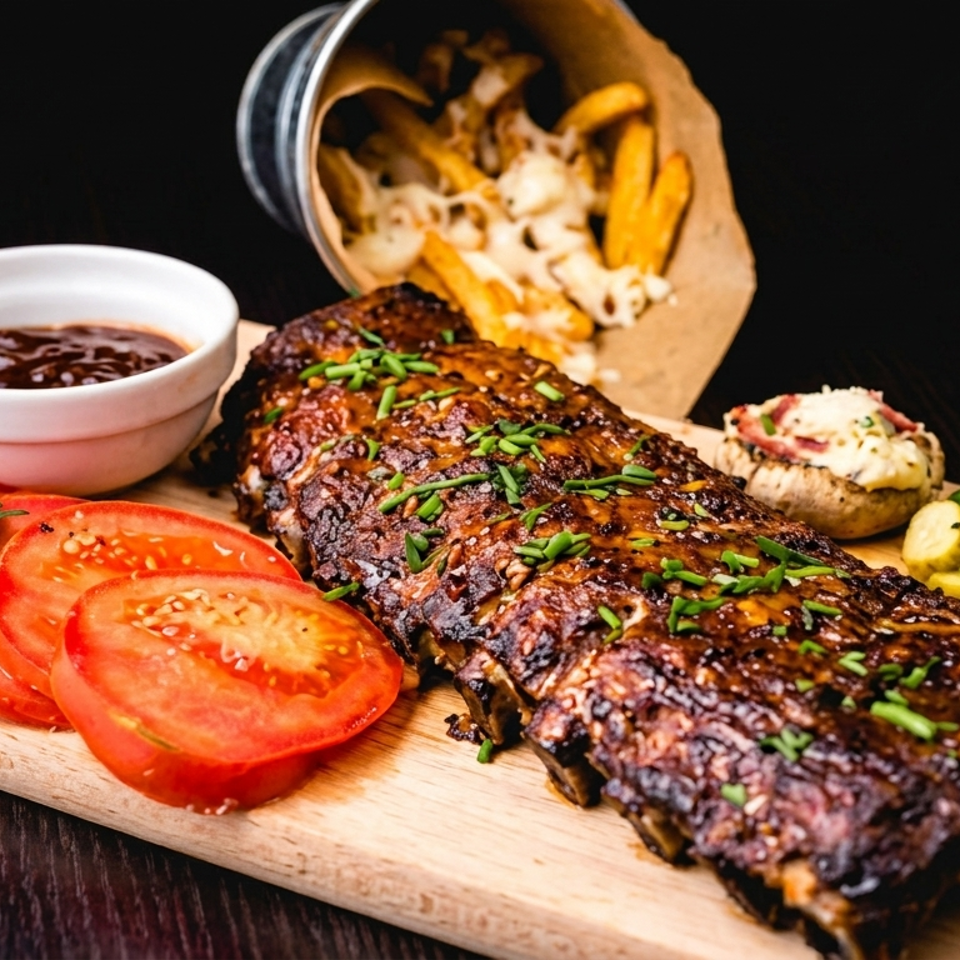 Grilled ribs garnished with chives served on a wooden board with tomatoes, pickles, dipping sauce, potato, and fries.