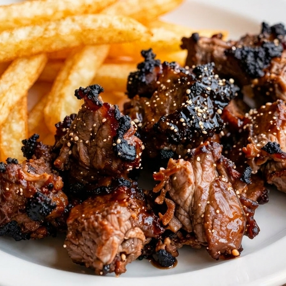 Grilled glazed beef pieces sprinkled with sesame seeds served alongside golden French fries on a white plate.