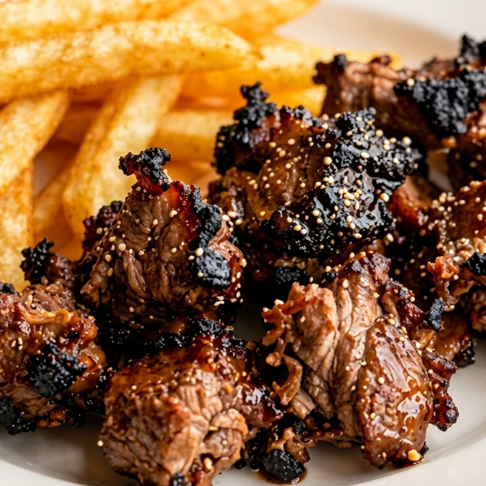 Grilled, sesame-sprinkled beef bites with charred edges served alongside golden fries on a white plate.