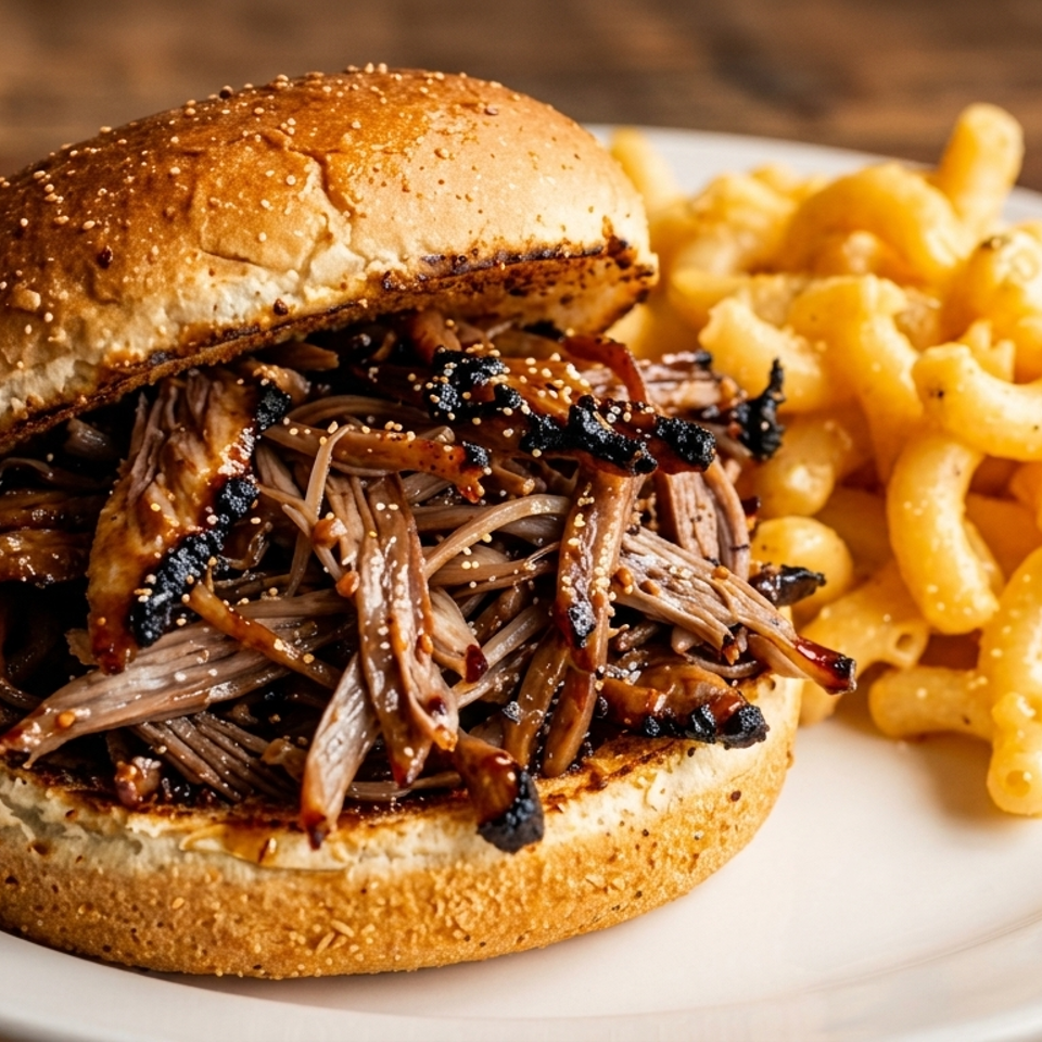 Pulled barbecue meat sandwich on a seeded bun served with curly fries on a white plate.
