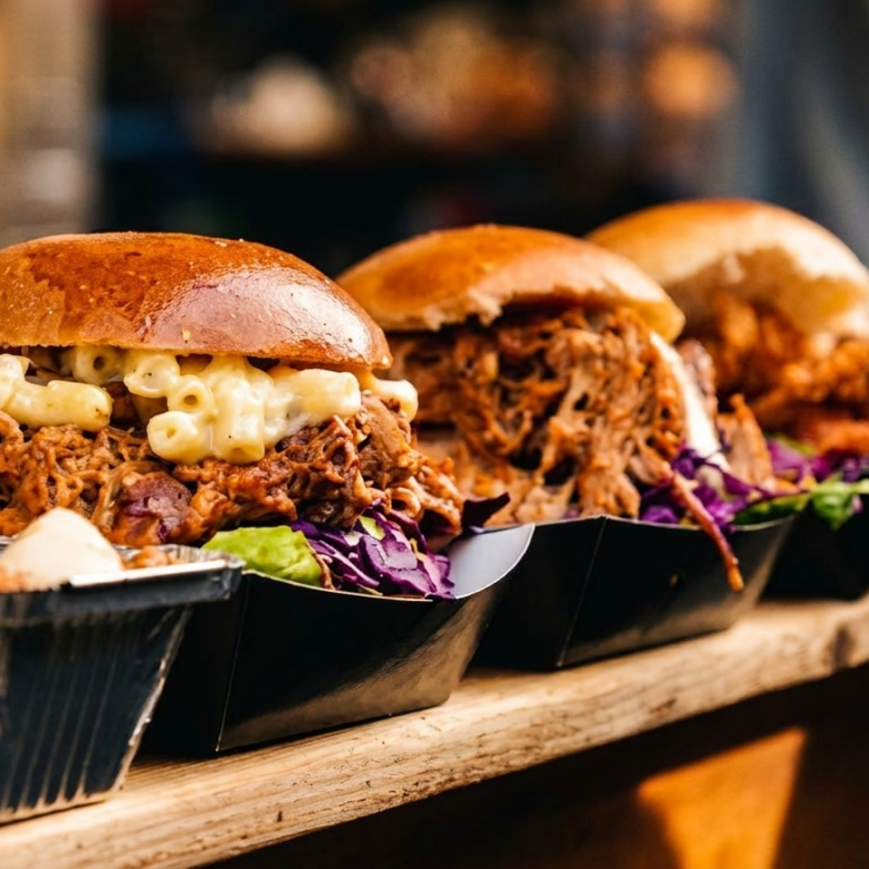 Pulled pork sandwiches topped with macaroni and cheese, served with colorful slaw in black trays on a wooden counter.