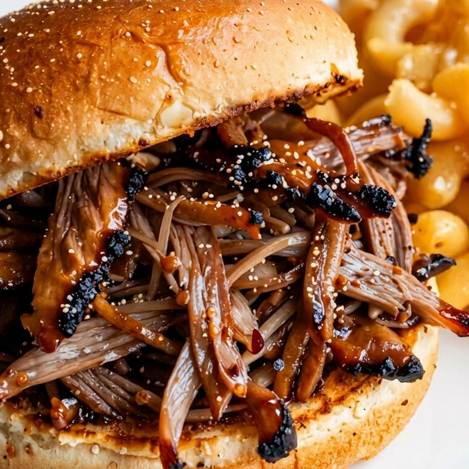 Pulled barbecue sandwich on a sesame bun served with creamy macaroni and cheese on a white plate.