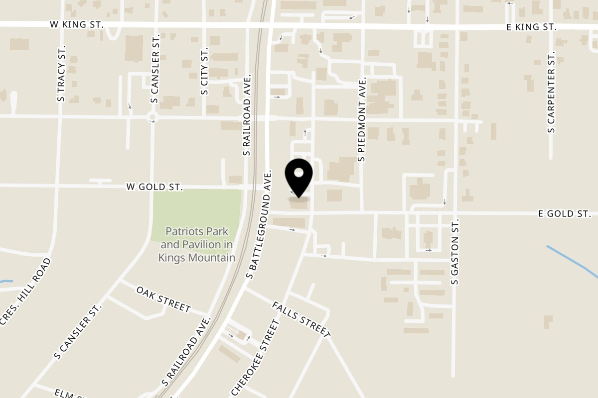 Map showing the location of Chubby's BBQ on 238 S Cherokee St in Kings Mountain